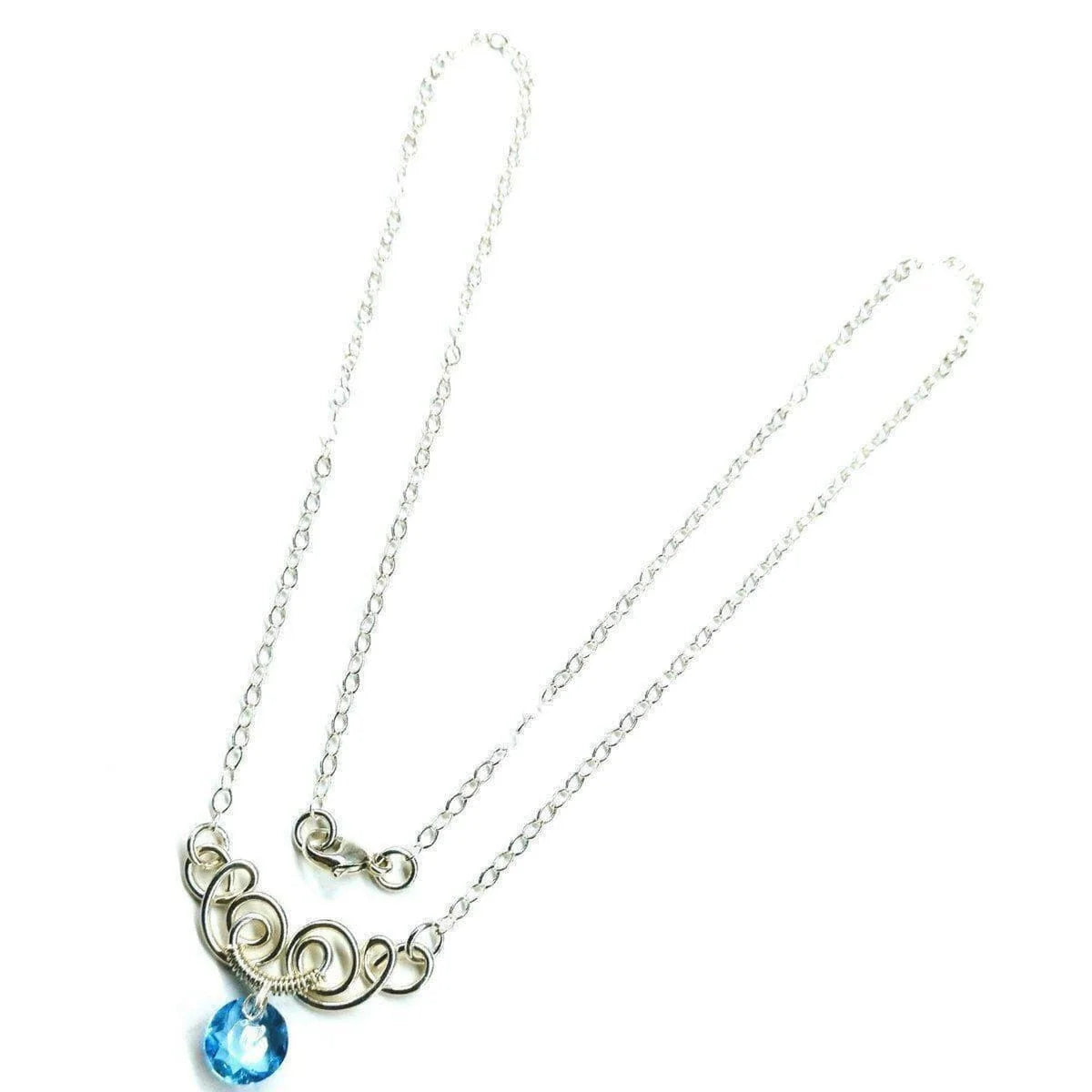 Silver Wire Sculpted round Aqua Crystal Pendant Necklace