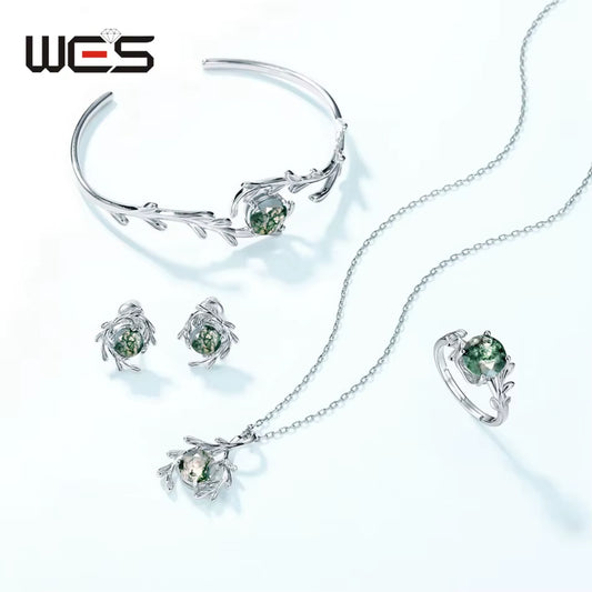 925 Sterling Silver Natural Gemstone 8*8Mm Moss Agate Jewelry Set for Women with Box Olive Branch Wholesale Wedding Gift (90)