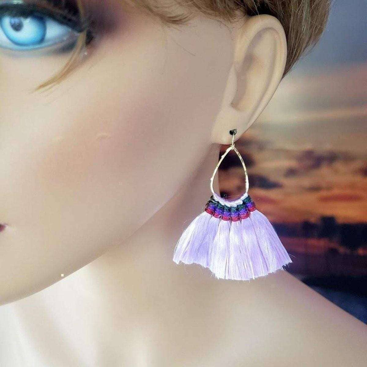 Vibrant Hula Skirt Tassel Hoop Earrings with Rayon Silk Accents