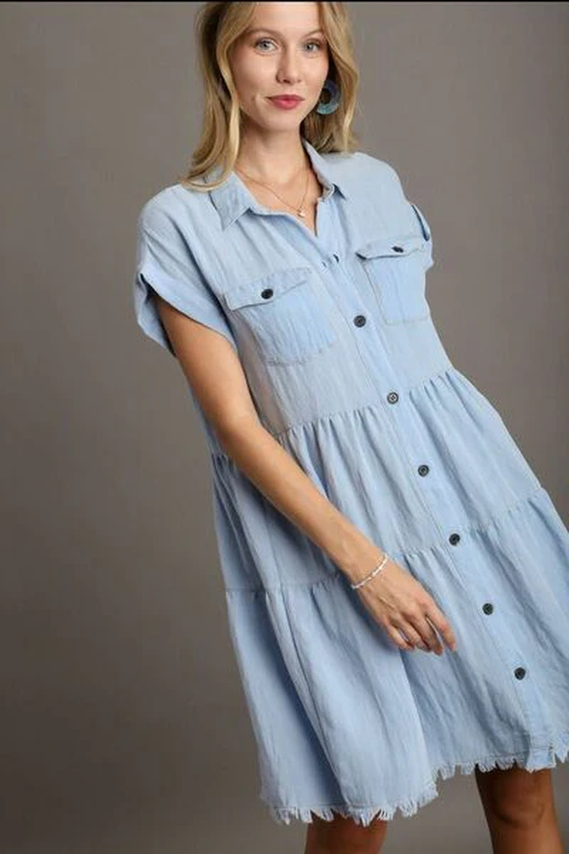 Umgee Frayed Hemline Button down Shirt Dress